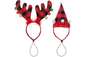 FLYSTAR Christmas Dog Headband Set - Black & Red Plaid Dog Christmas Costume - Christmas Hat & Elk Shape Headbands Pet Holiday Accessories for Girl & Boy Medium, Large Dogs