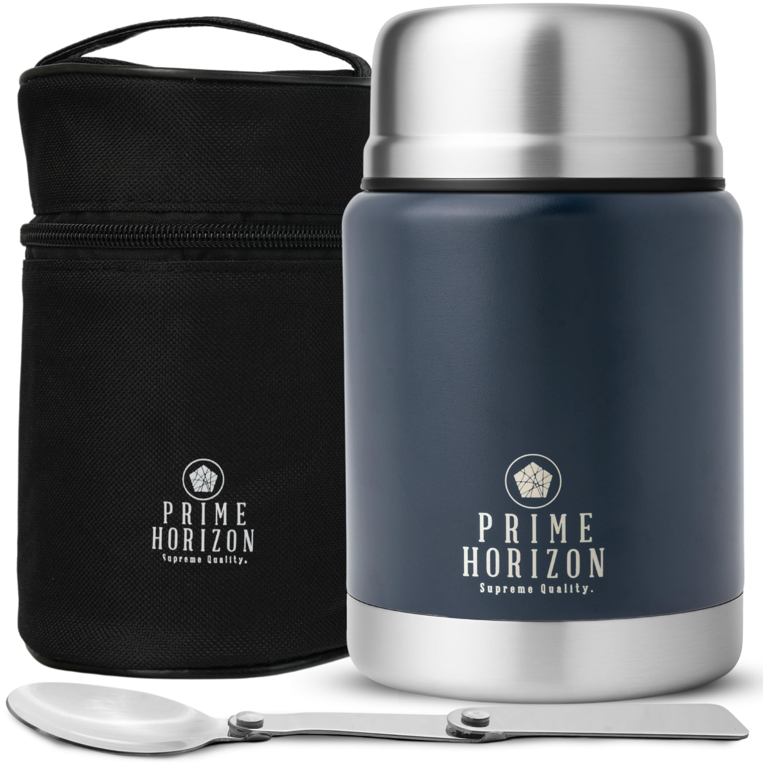Prime Horizon Food Flask - 500ml Stainless Steel Vacuum Double Wall Jar with Folding Spoon, Leakproof and BPA Free. Free Insulated Travel Bag with Carabiner and Gift Box (Blue)