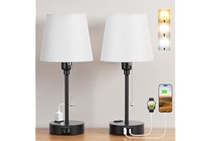 ACAXIN Bedside Lamps for Bedrooms, Set of 2, Mini Nightstand Lamp for Kids with 3 Color Modes 2700K-5000K, Small White Lamp with USB C+A Charging Port and AC Outlet for Side Table