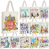 Sweetude 12 Pcs New York Tote Bag Watercolor NYC Reusable Souvenir Canvas Organizer Bag with Zipper Pocket Abroad Trip Gift