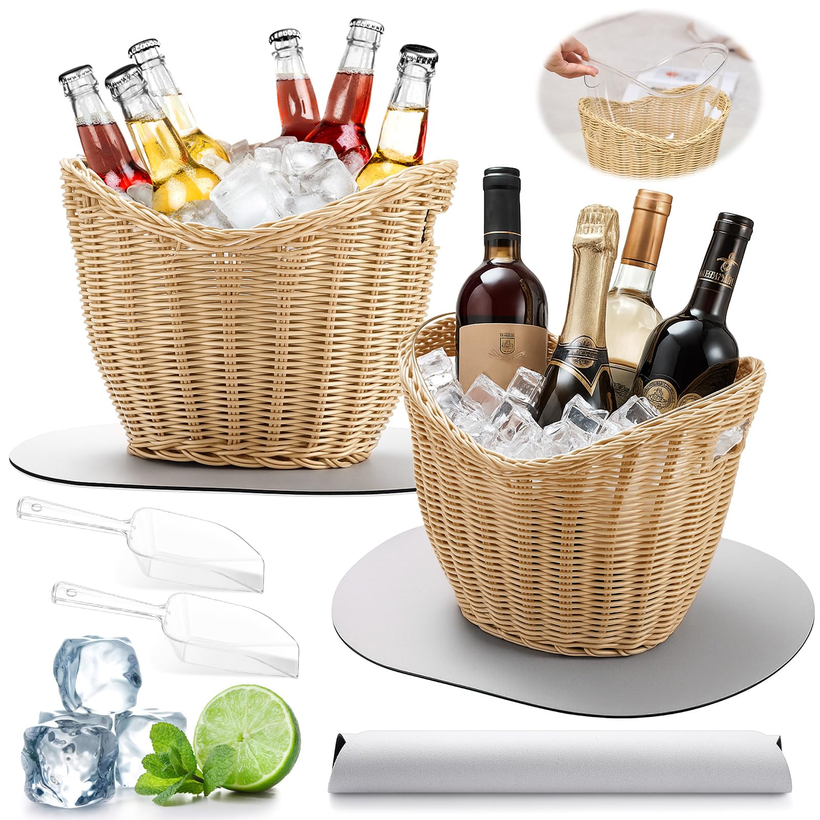 Photo 1 of LemonRoad 2 Pcs Ice Bucket Woven Design with Scoops Diatomaceous Earth Pad 4l Champagne Wine Bucket Drink Bins for Parties Beverage Tubs for Cocktail Bar