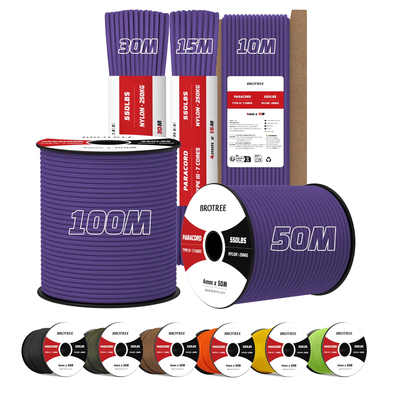 Brotree 4mm Paracord 550 100M 100% Nylon Rope 7 Strands Type III Parachute Cord for Outdoor and DIY - 250kg Breaking Load (Purple)