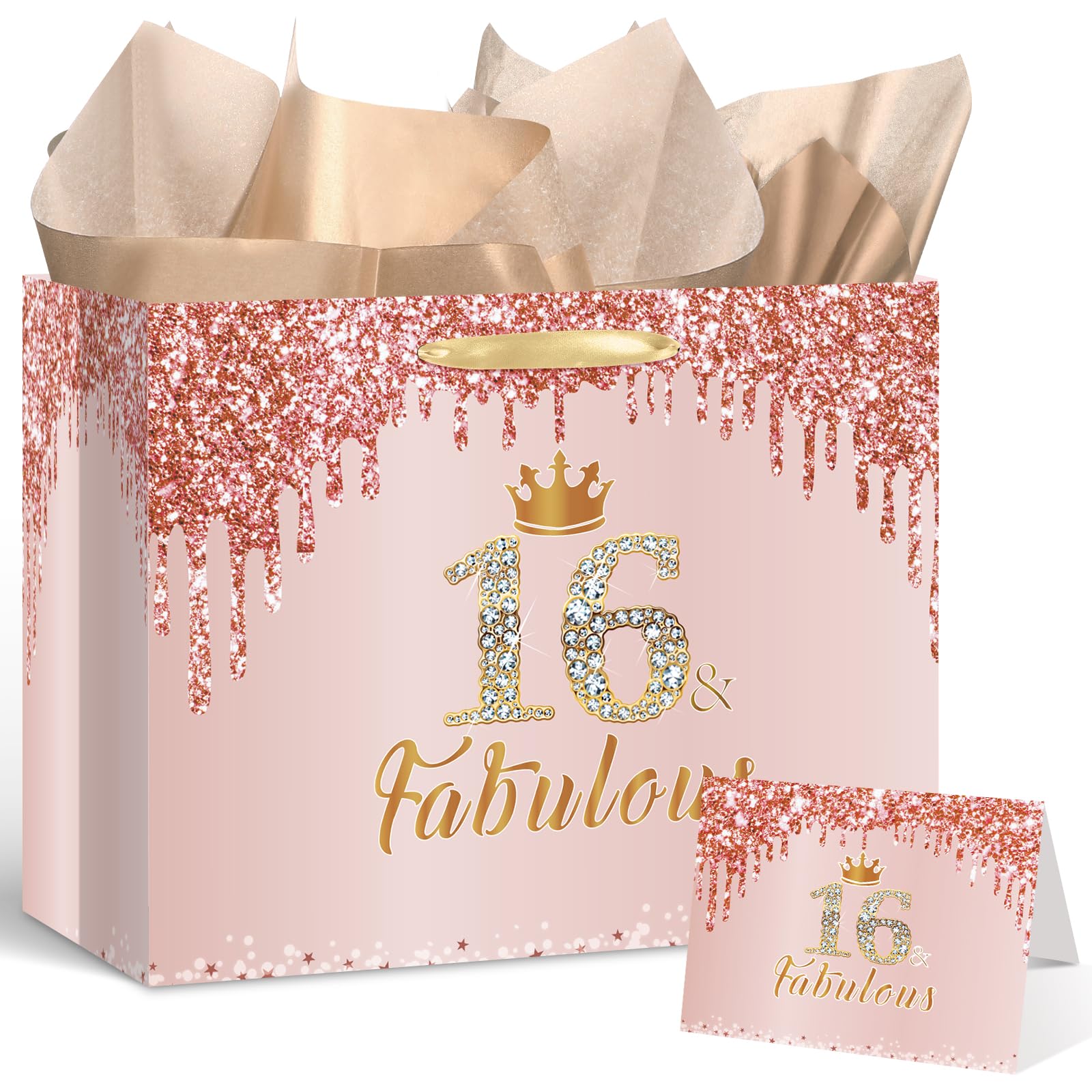 Photo 1 of Yoirrat Rose Gold 16 & Fabulous 16th Birthday Gift Bag for Girls Large Pink Happy Sweet 16th Birthday Gift Bag with Wrapping Paper Card for 16th Sixteen Bday Decorations Party Supplies