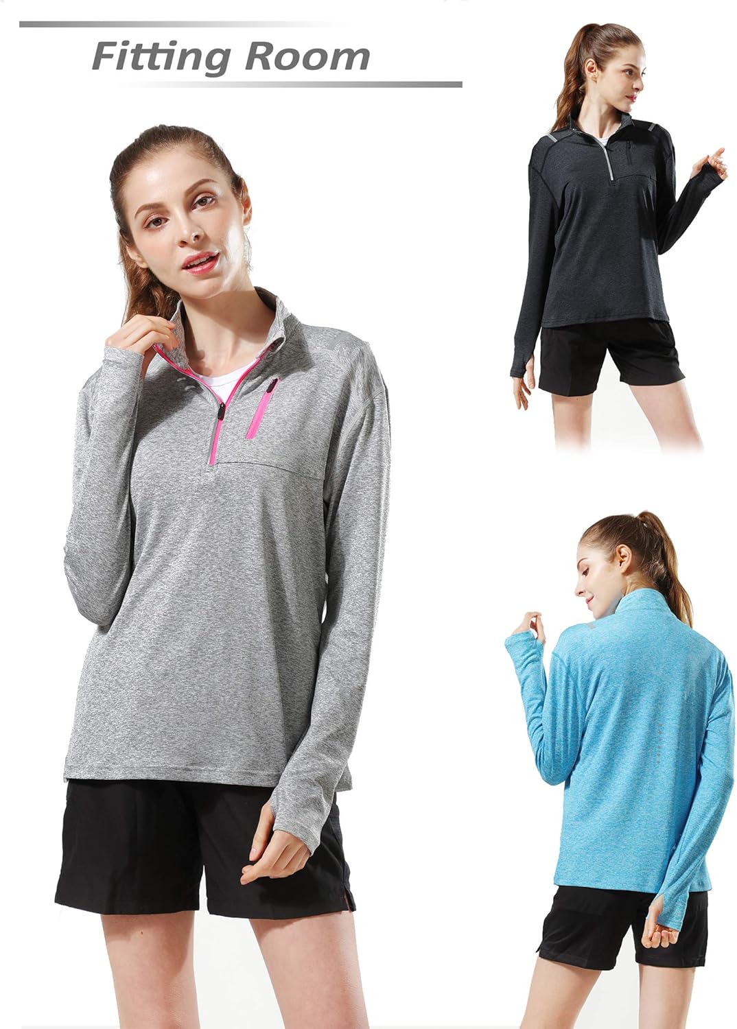 Liberty Imports Pack of 3 Women's Quarter Zip Pullovers, Athletic Long Sleeve Running Shirts: Clothing
