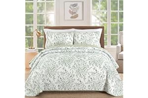WONGS BEDDING WONGS BDEEING Quilt King Size, Sage Green Quilt Bedding Set with 2 Pillowcases, Botanical Quilt for King Bed, Soft Microfiber Lightweight Coverlet Bedspread for All Season (110"×90", 3 Pieces)