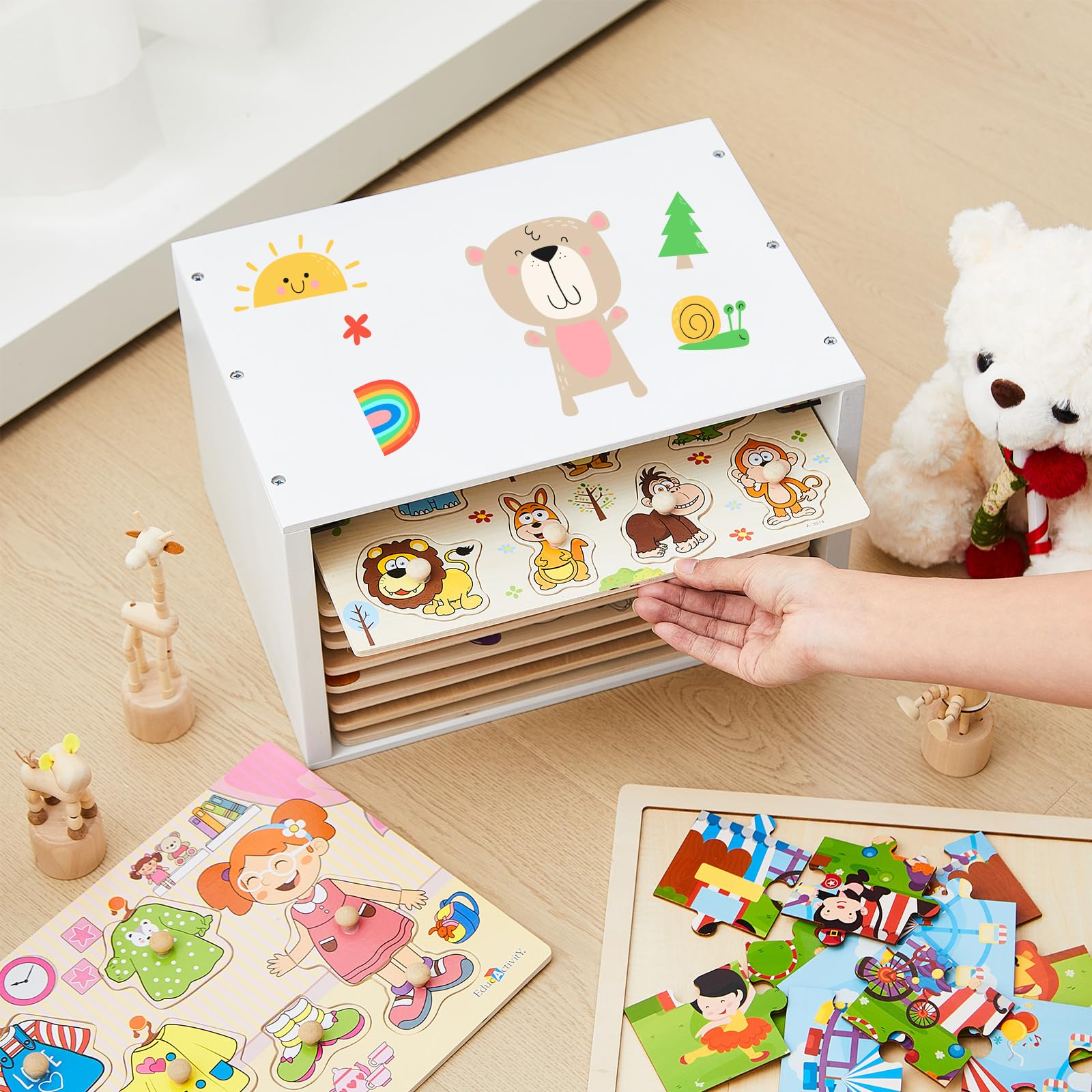 Sintuff Puzzle Holder Rack Wooden Jigsaw Organizer Layered Puzzle Storage Box Shelf Storage Case Holds 12 Puzzles for Craft Collection Lovers Accessories