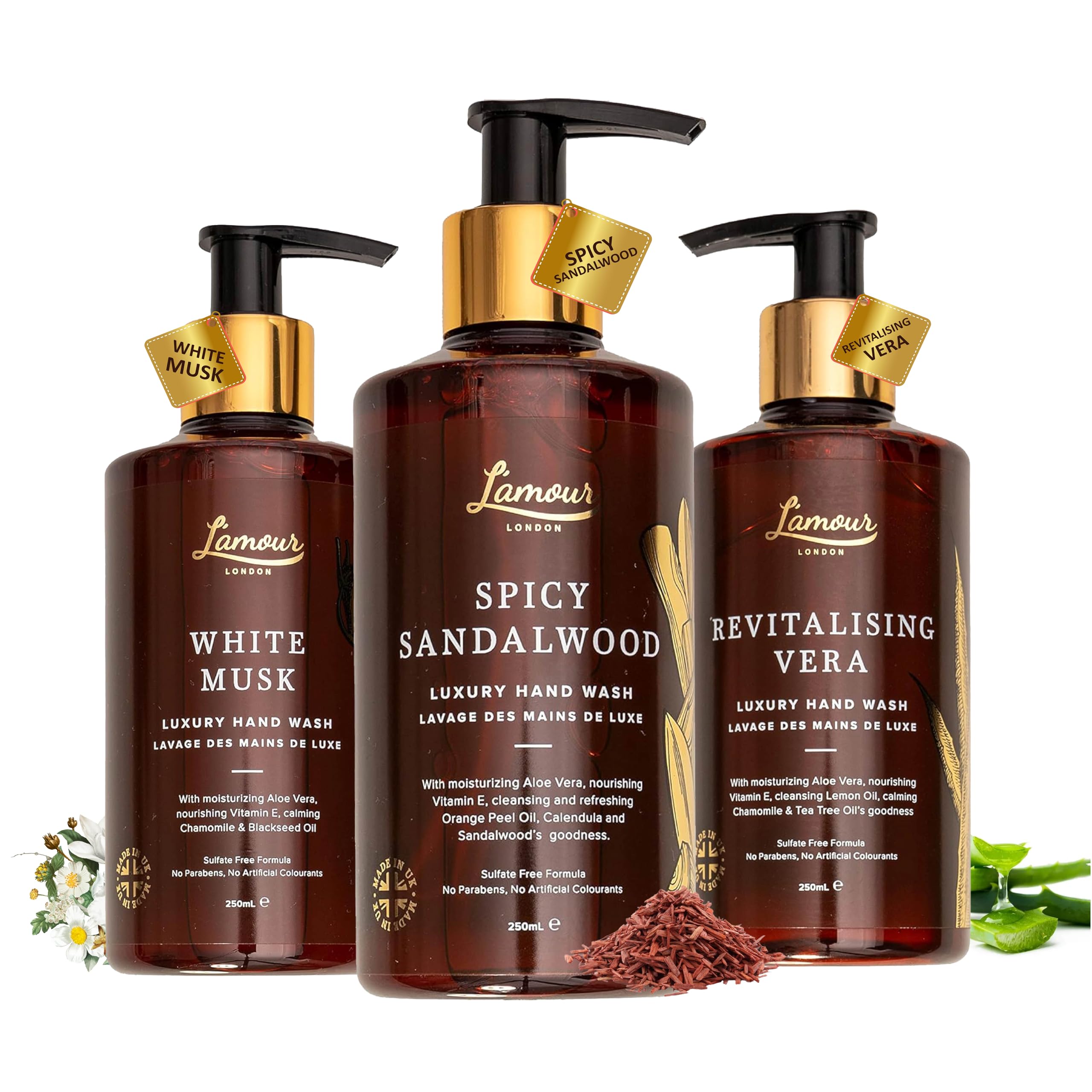 L'amour Natural | Luxury Divine Hand Wash Collection | Musk | Sandalwood | Aloe Vera | Essential Oils | Sulphate Free that lahers | Gentle for dry and sensitive skin | PACK of 3