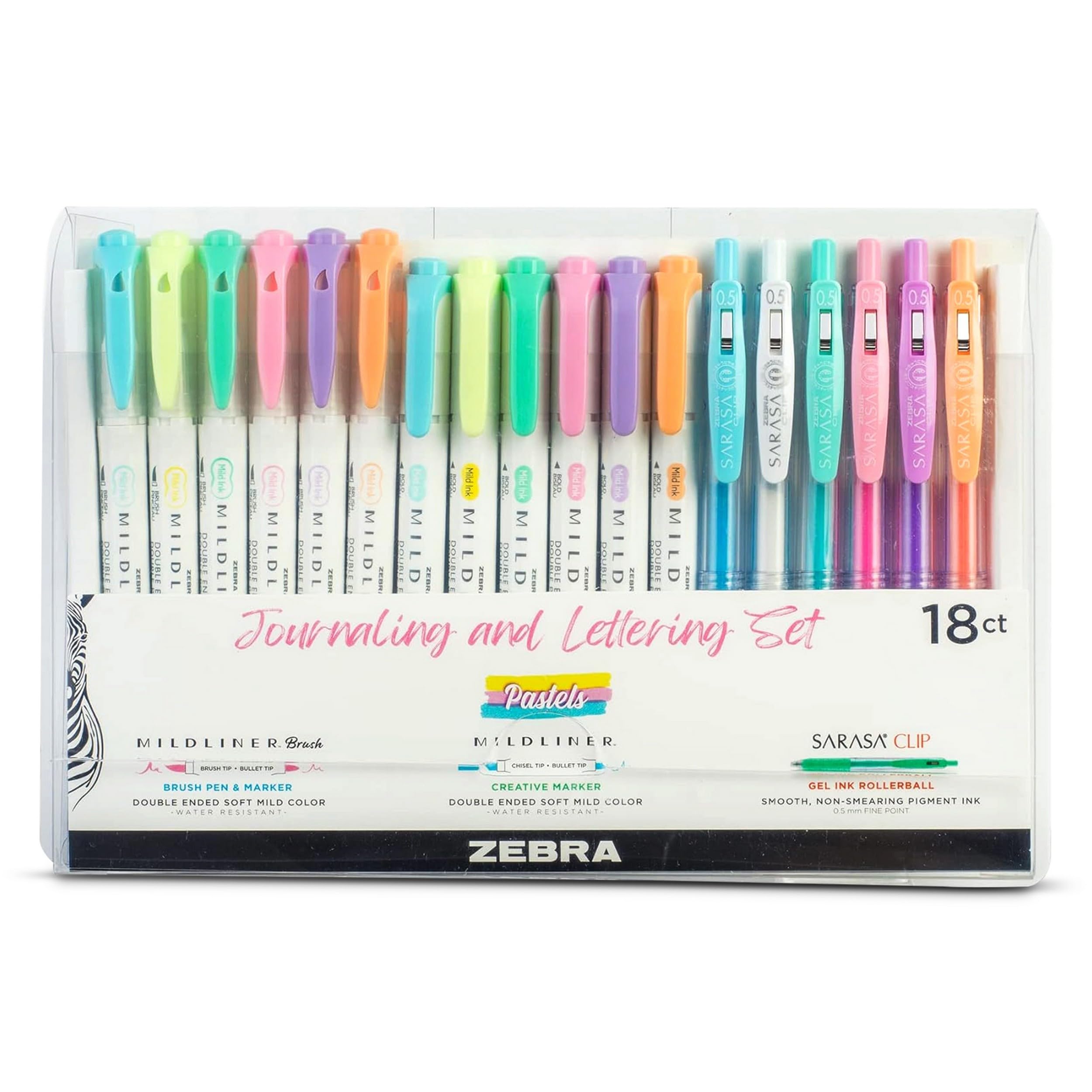 Zebra Pen Journaling & Lettering Stationery Set (18 Pack) Dual Tip MILDLINER Pastel Highlighters & Colouring Pens, MILDLINER Brush Pens, and SARASA Gel Pens - Assorted Highlighters Pens Multipack