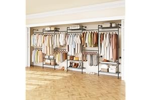 H6 Wall Mounted Closet System, Industrial Pipe Clothes Rack Clothing Racks with 6 Telescopic Rods & 3 Fixing Rods & 9 Shelves