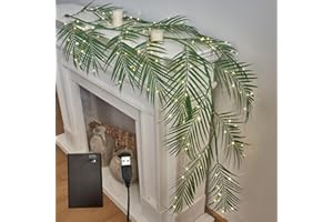 LITBLOOM Lighted Palm Garland with Timer 6FT 120 LED Fairy Lights, Greenery Garland Battery Operated or USB Plug in for Summer Christmas Fireplace Mantle Decoration Inside