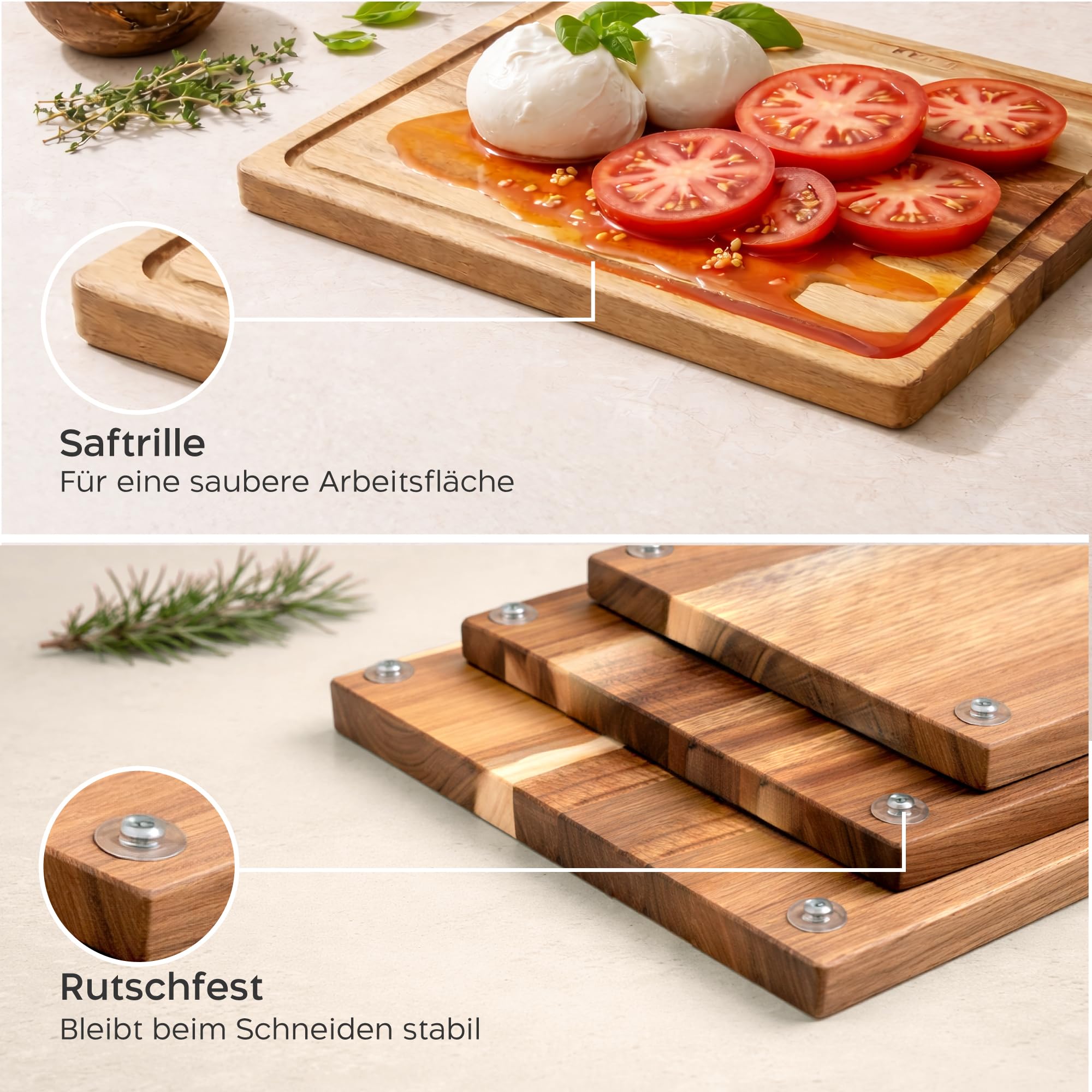 Twinzee Schneidebrett 3er Set (40 x 30/33 x 24/26 x 18 cm) aus Massiver Akazie - Schneidebrett Holz mit Brettständer, 2cm dicke Holzbretter, mit Saftrille 4