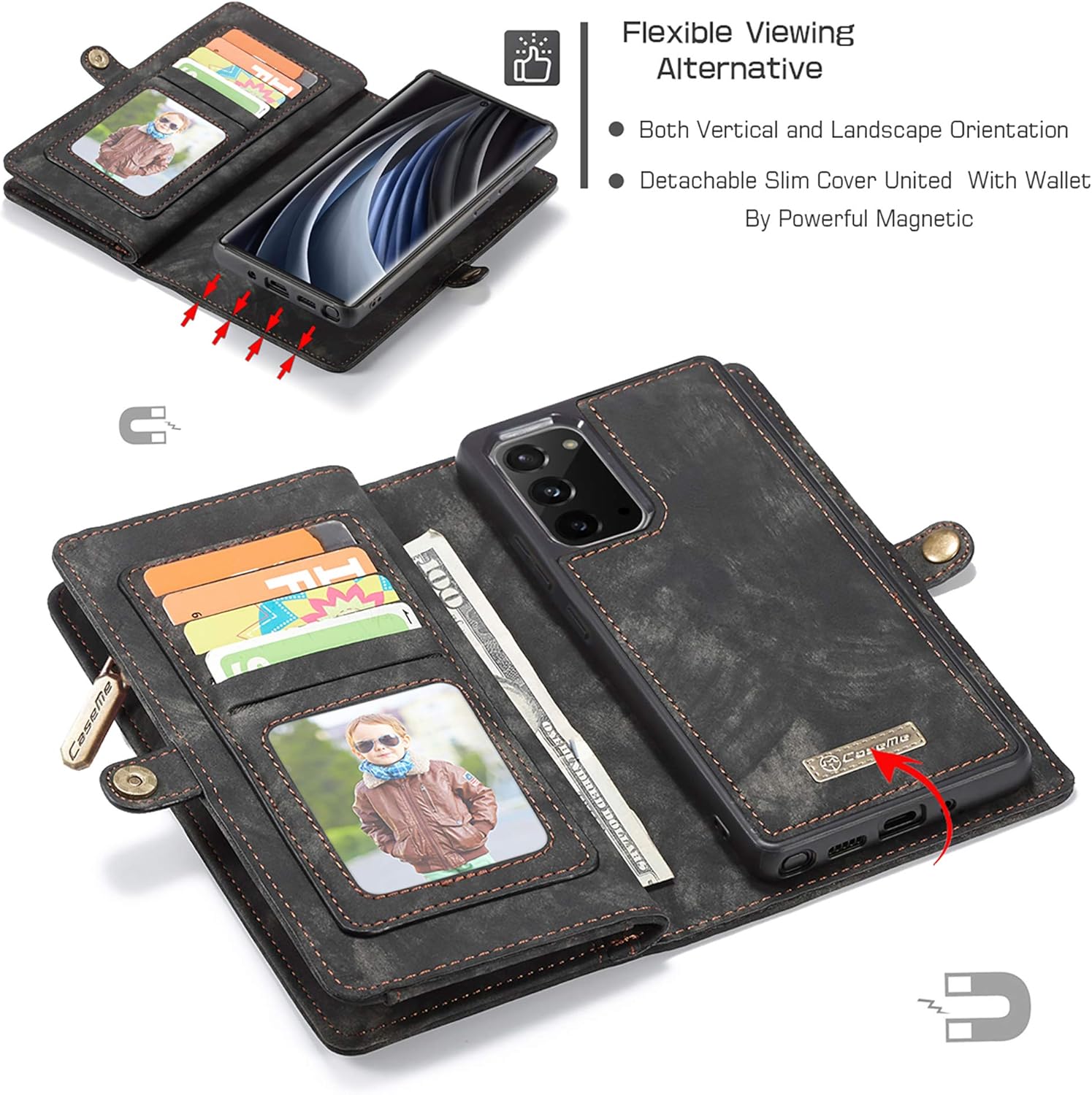 UFinetech 2-in-1 Stylish Samsung Galaxy Note 20 Case Wallet Magnetic Detachable Luxury Leather TPU Card Holder Flip with Lanyard Zipper Carrying Purse Cover for Samsung Galaxy Note 20 5G 2020 Black - Image 5