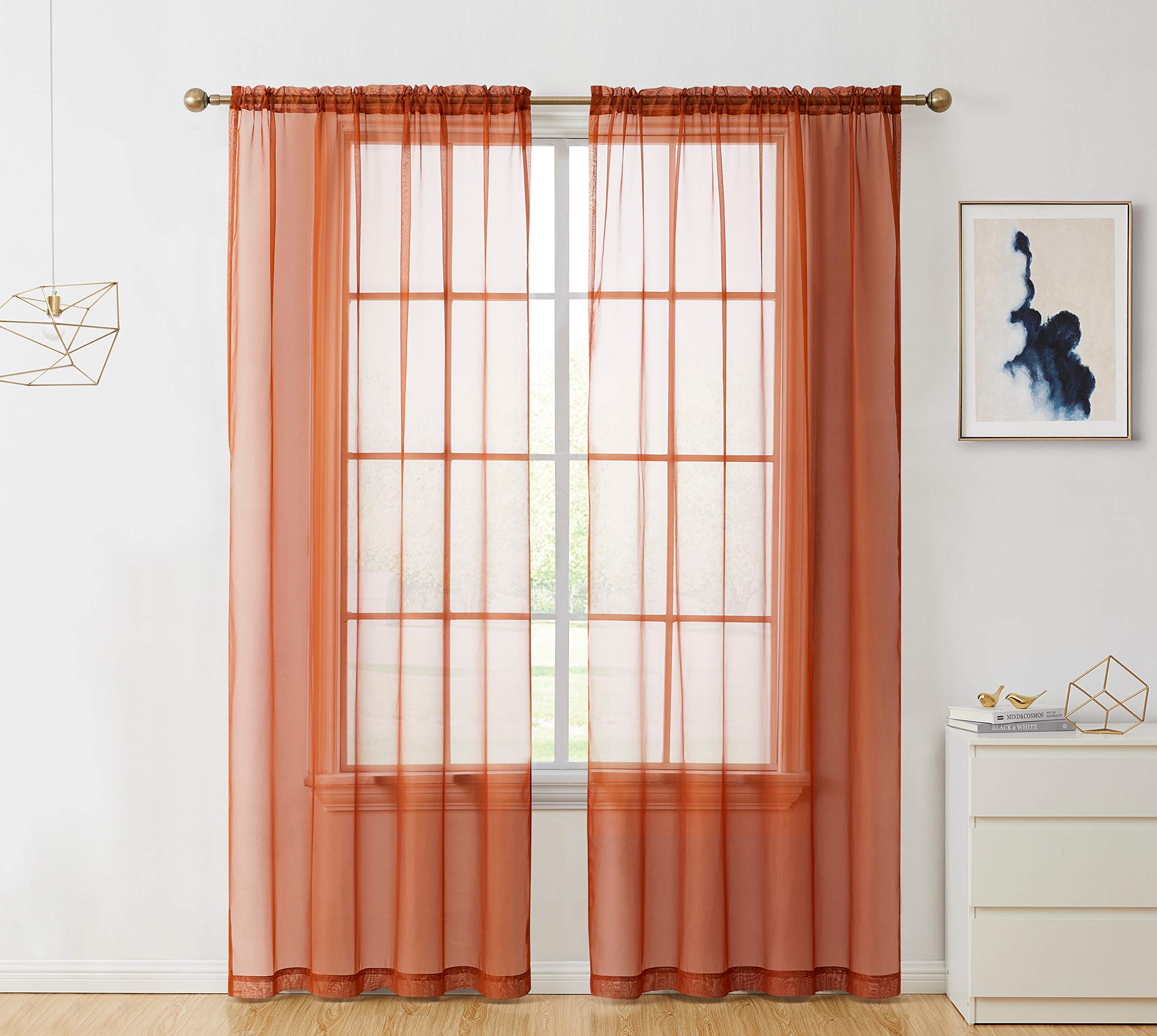 HLC.ME Rust Burnt Orange Sheer Voile Window Treatment Rod Pocket Curtain Panels for Bedroom and Living Room (54 x 84 inches Long, Set of 2)