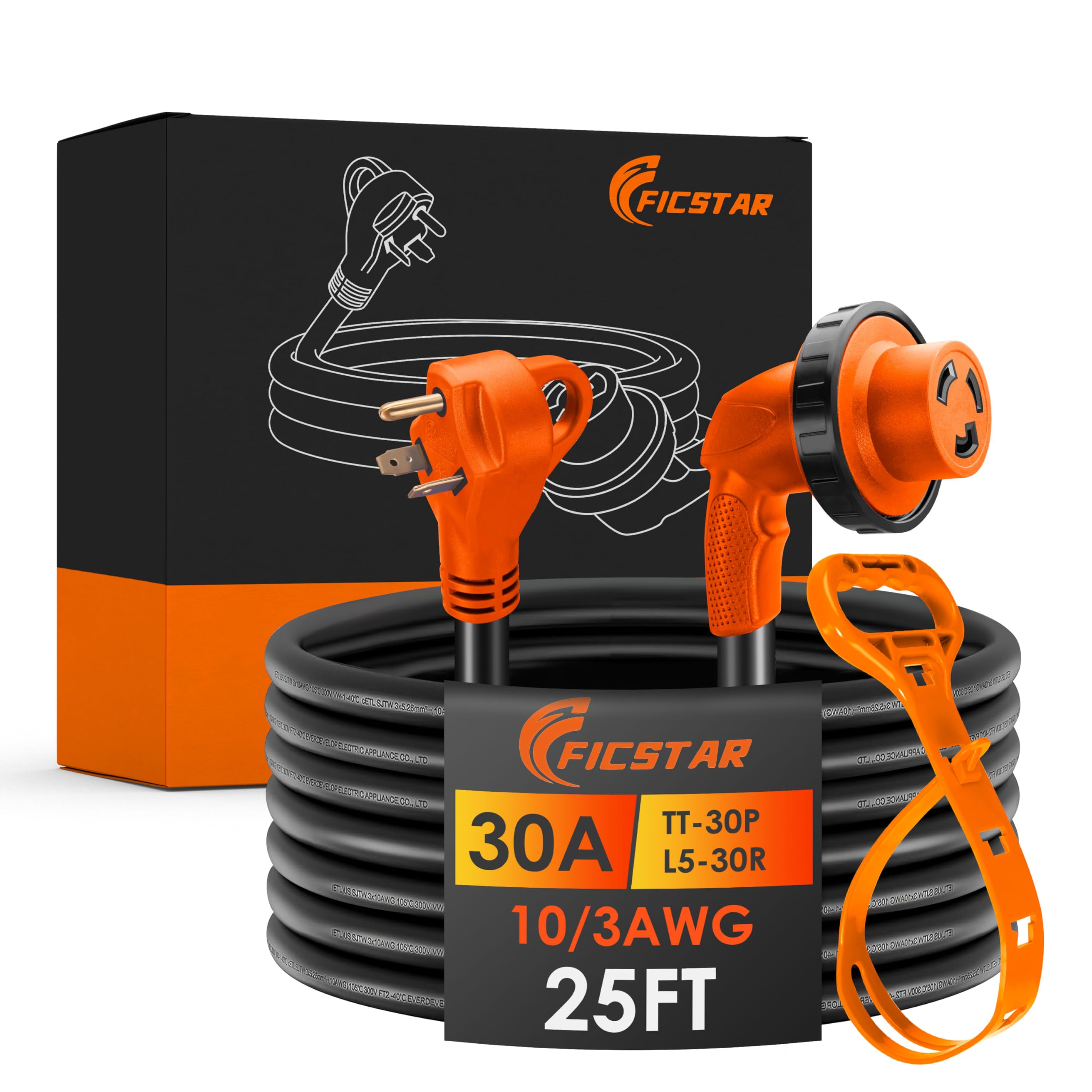 Photo 1 of Ficstar 30 Amp RV Extension Cord,25 ft,Heavy Duty Generator Extension Cord with LED Power Indicator,30 AMP Female 90° Twist Lock Adapter with Reverse Polarity Lamp,NEMA TT-30P to L5-30R,120V/125V