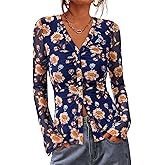 BTFBM Button Down Shirts for Women 2026 Spring Boho Tops V Neck Long Sleeve Blouses Ruched Mesh Fitted Fall Fashion
