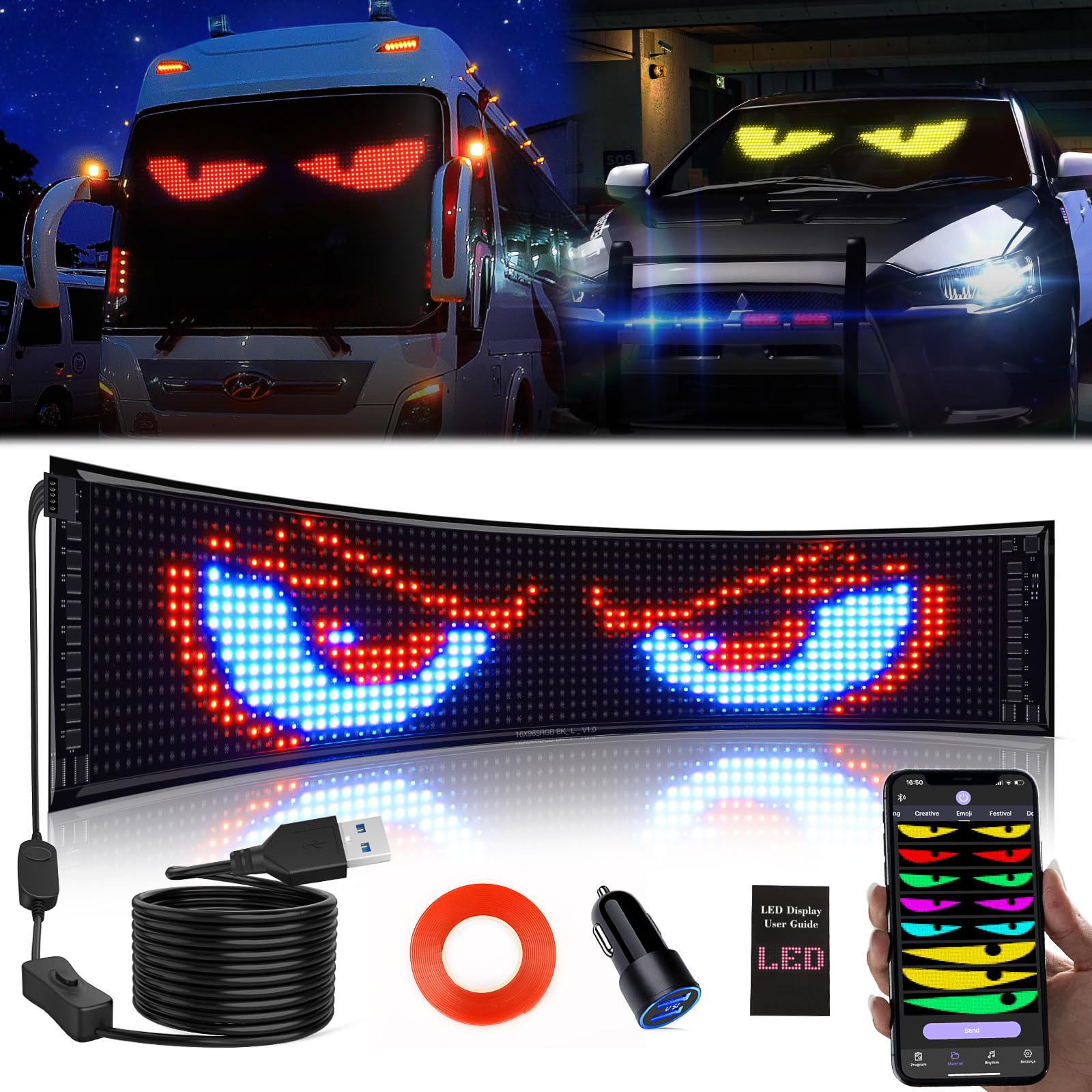 Photo 1 of KJOY Huge Bright Devil Eyes LED Light for Car?23''x5'' Flexible Digital Scrolling LED Display?Bluetooth APP Control Custom Text Pattern Animation LED Store Sign for Car Business Hotel School?1pcs?