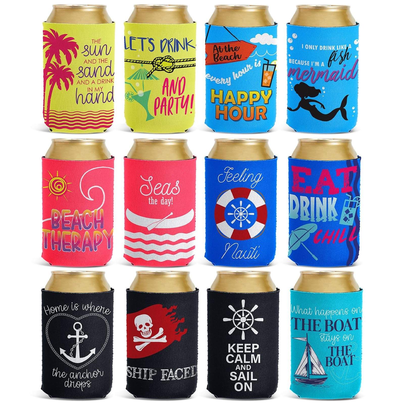 Beach Themed Neoprene Can Holder, 12-Pack of Insulated Cooler Sleeves Fits 355 ml Cans