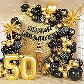 Vicduotex 114pcs 50th Birthday Decorations for Men, Black & Gold Balloons, Banner, Confetti, Ribbons & Strips for 50 Year Old Birthday Parties