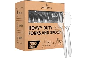 Plastic Forks and Spoons Set - (Bulk Pack 360 Pcs) Clear Plastic Cutlery Utensils Heavy Duty, 180 Forks and 180 Spoons, Silve