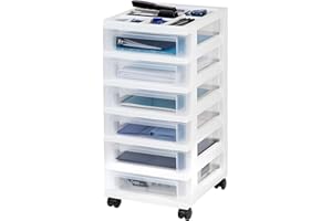 IRIS USA Plastic Drawer Storage Organizer Rolling Cart, with Wheels Casters, 6-Drawers, for Classroom Art Craft Supplies Dresser Closet Bathroom Laundry Room, White/Clear