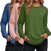 Ficerd 3 Pack Women's Long Sleeve Shirts, Cotton Crew Neck Tunic Tops Casual Loose Fit Pullover Sweatshirts Curved Hem Shirts