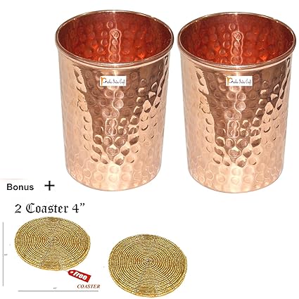 AsiaCraft Prisha India Pure Copper Glass Drinkware Hammered Tumbler (Brown) - Set of 2