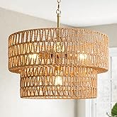 17.8" Boho Rattan Chandelier Light Fixtures, 4-Light Rattan Pendant Light with 2-Tier Wicker Shade, Farmhouse Hanging Light F