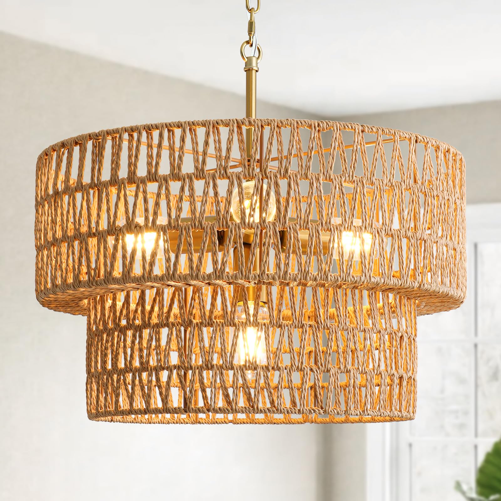Photo 1 of 17.8" Boho Rattan Chandelier Light Fixtures, 4-Light Rattan Pendant Light with 2-Tier Wicker Shade, Farmhouse Hanging Light Fixture Chandelier for Dining Room, Living Room, Kitchen Island, Bedroom
