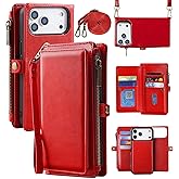 MInCYB for iPhone 17 Pro Wallet Case, [Compatible with Magsafe] [Magnetic Detachable] [RFID Blocking] PU Leather Case with Card Holder & Crossbody Strap for Women Men, Red