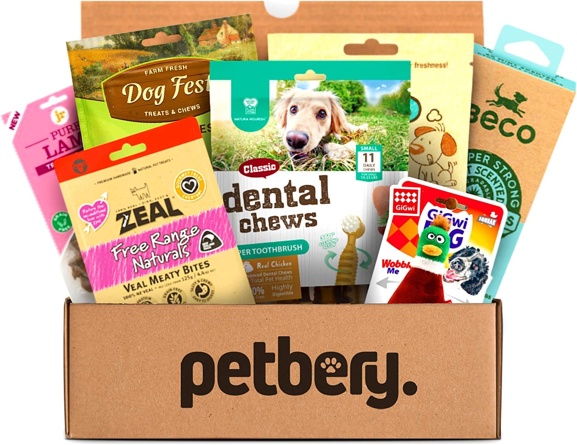 PETBERY Essentials Box – Dog Gift Basket with Surprise Toy, Poop Bags, and Dog Treat Packs (Small Dogs (1 to 10KG))