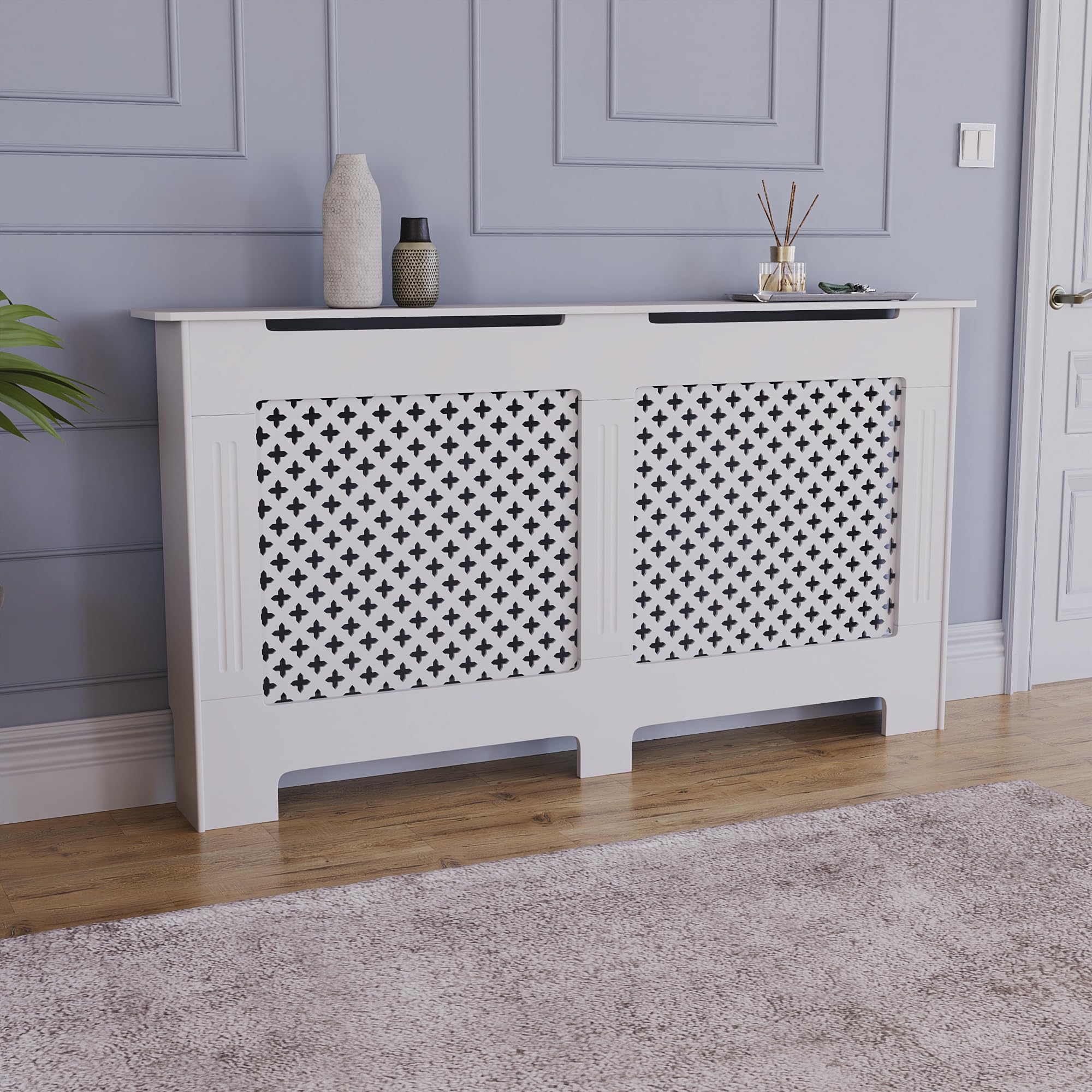 Vida Designs Oxford Radiator Cover White - Large - Traditional Cross Pattern Design for Optimal Heat Circulation - H82xW152xD19cm - Painted MDF Cabinet Ideal For Living Room & Hallway