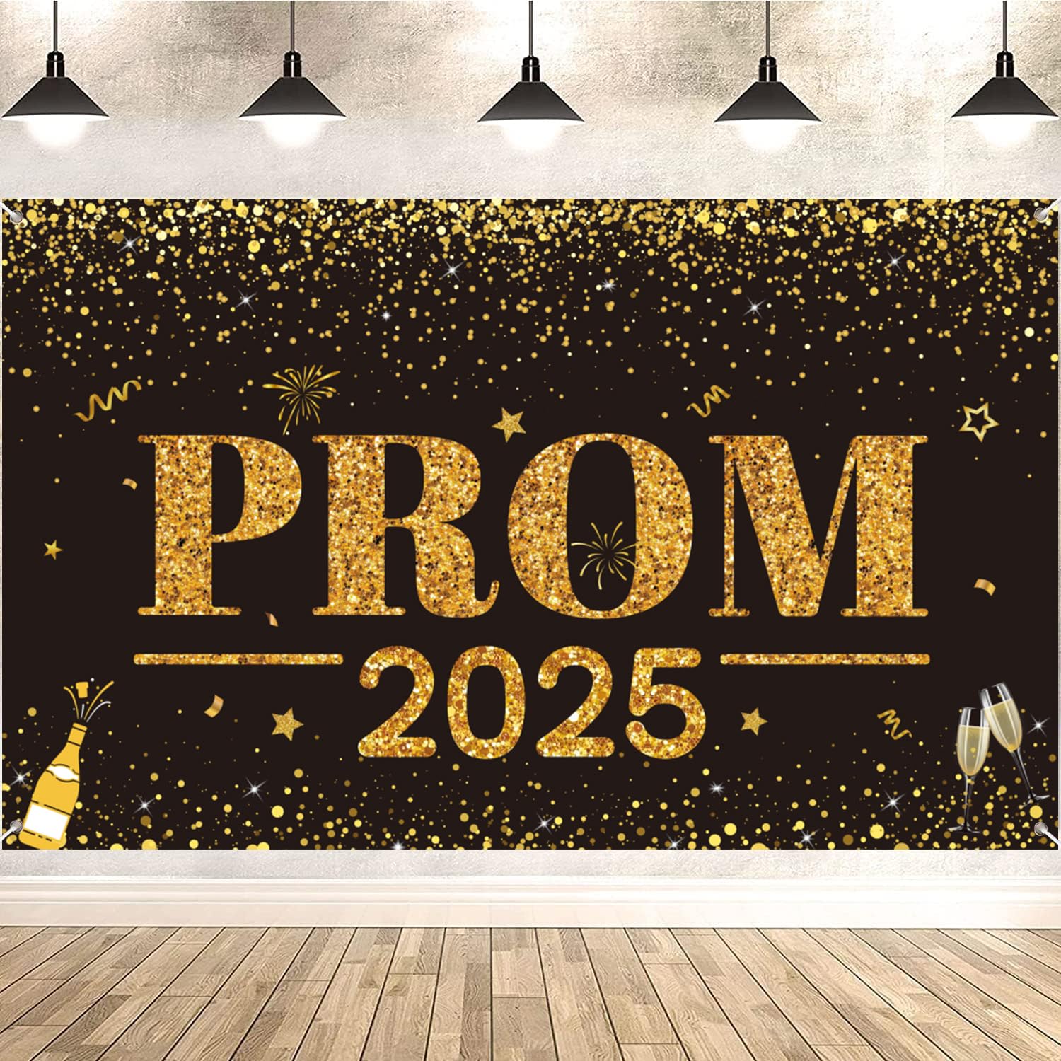 Prom 2025 Banner, Graduation Prom Party Decorations, Large Graduation Photo Backdrop Banner Black Gold, 2025 Grad Party Supplies (71 * 43.3Inches)
