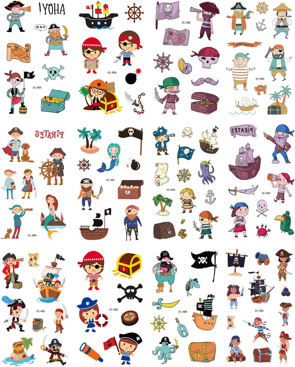 12 Sheets Cartoon Kids Girls and Boys Temporary Tattoos Pirate Captain Treasure Box FakeTattoos Sticker Fun Lasting Safe Waterproof