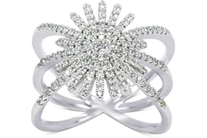 Savlano 18K White Gold Plated Cubic Zirconia Starburst Ring for Women