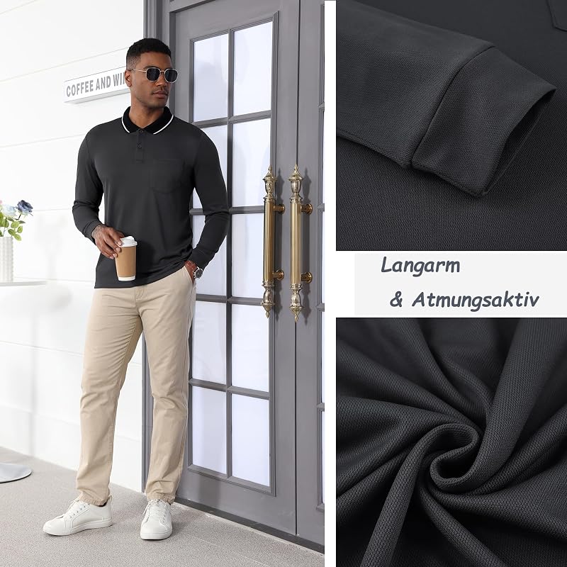 Poloshirt Herren Langarm Knopfkragen Arbeitshemd Atmungsaktiv Arbeits Poloshirts Button Down Polohemd Golf Frühling Herbst Casual Polo Hemd,Dunkelgrau,M — Foto 6 von 7