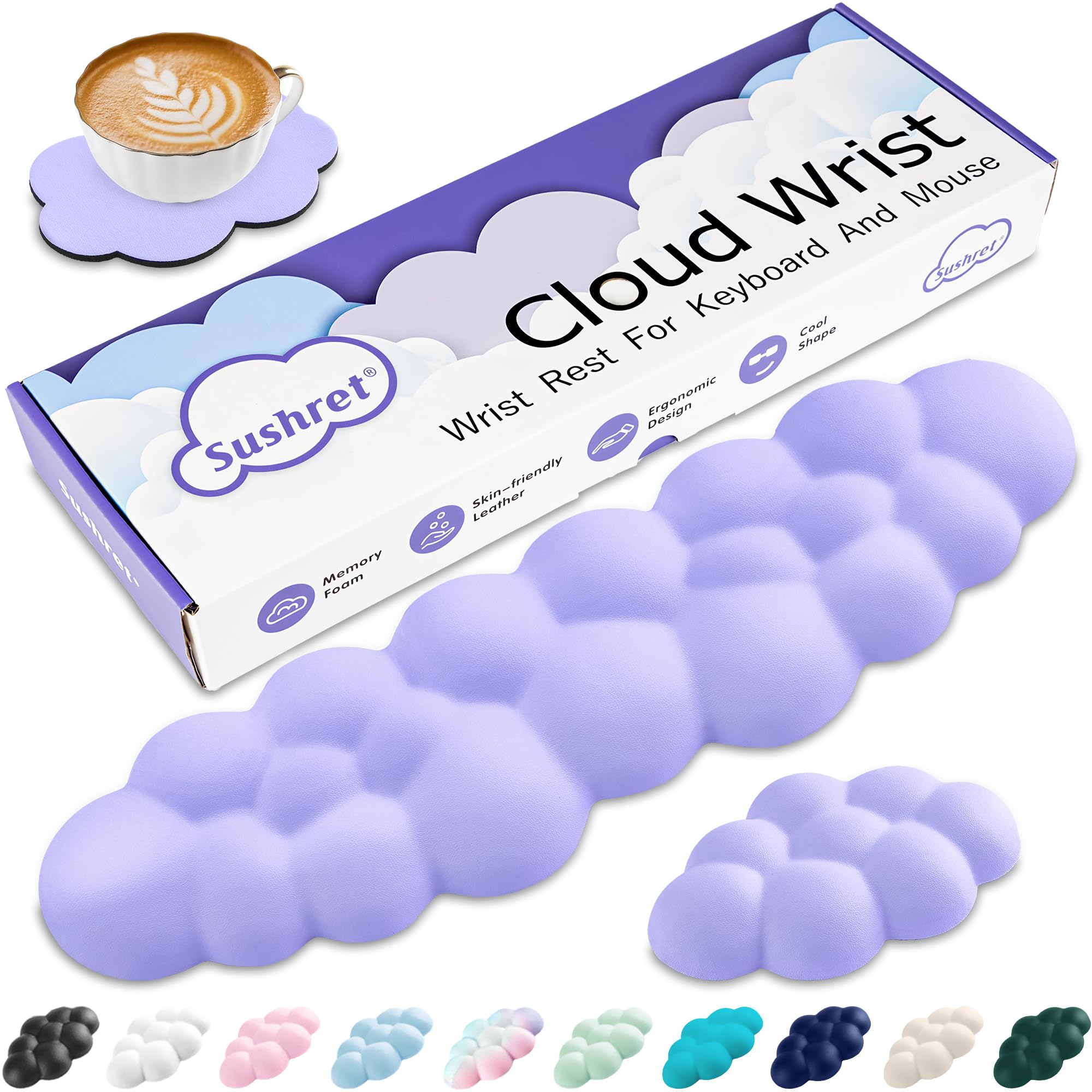 Sushret Cloud Wrist Rest Keyboard, Cloud Palm Rest Set with PU Leather Memory Foam, Cute Keyboard Rest for Wrist Support and Arm Rest, Desk Cloud Wrist Pad for PC/Gaming/Hand Cushion/Computer-Purple