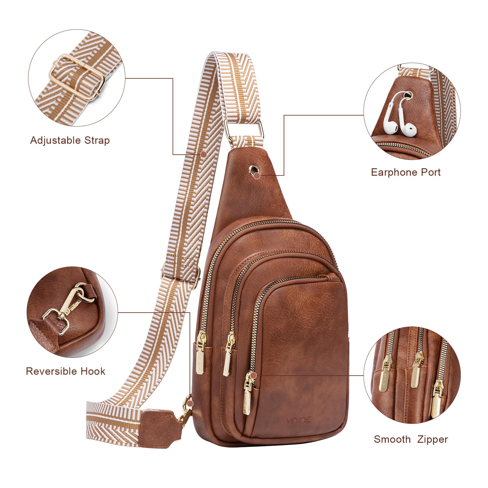 VNINE Small Sling Bag for Women Men Leather Crossbody Bags Fashionable Sling Backpack with Three Pocket Fanny Packs Chest Bag with Adjustable Strap (Brown)