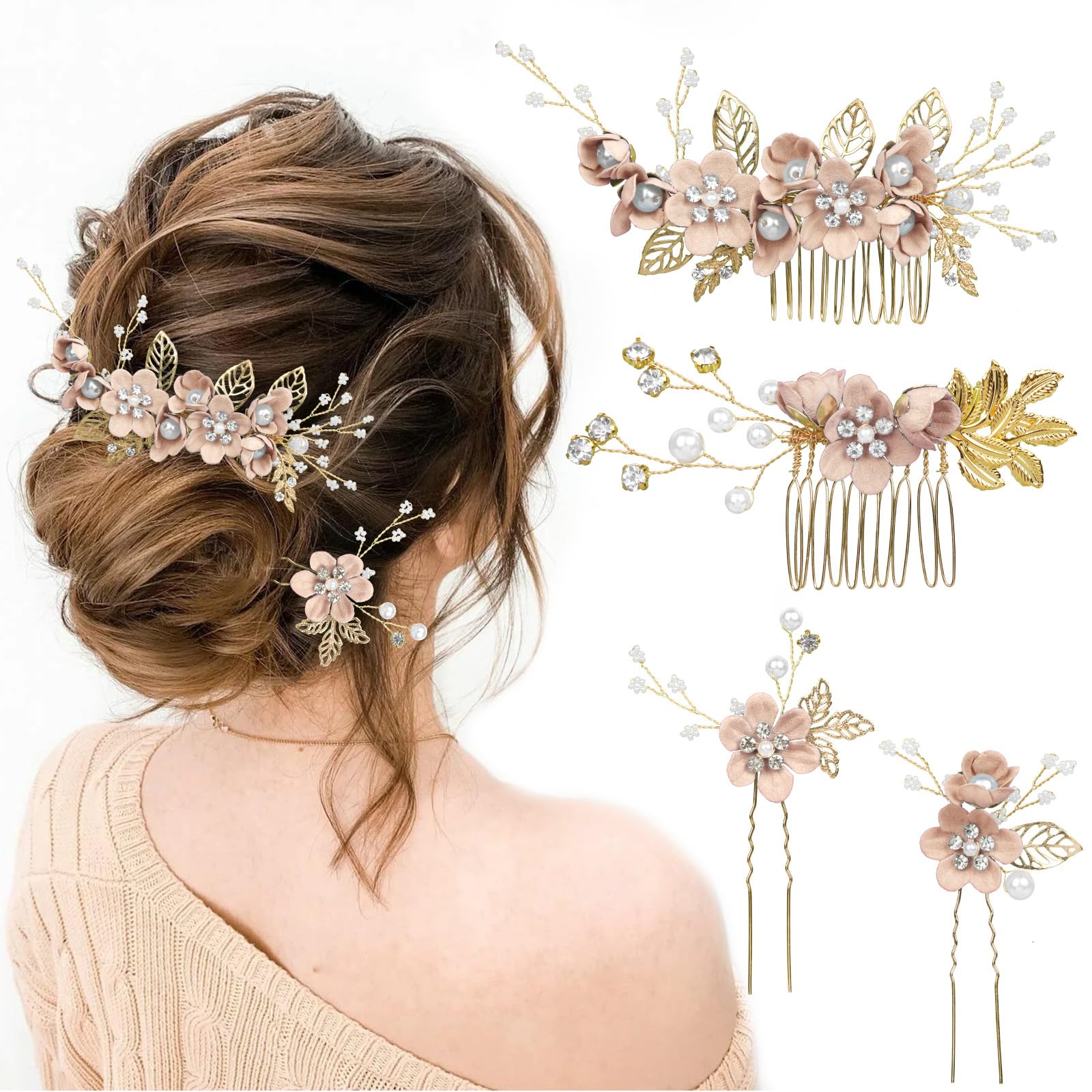 4Pcs Wedding Hair Pins Set, Pink Flower Bridal Hair Pins Bridesmaid Hair Accessories, Wedding Hair Comb, Pearl Flower Hair Piece Bridal Hair Clips for Women Girls Bride Bridesmaids（Pink）