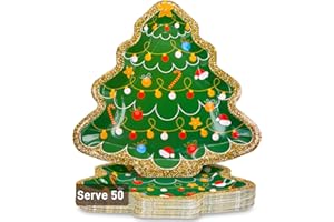 BFUN Christmas Tree plates disposable Xmas party plates 12.3"x 12" large Xmas dinner plates 50 count Xmas Tree paper plates with Christmas light dinner plates Christmas Holiday Plates For Xmas party favors
