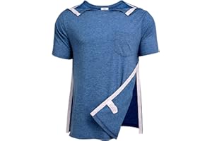 Deyeek Men's Post Shoulder Surgery Shirts Recovery Tear Away Short Sleeve Full Open Side Snap Adaptive Chemo Clothing