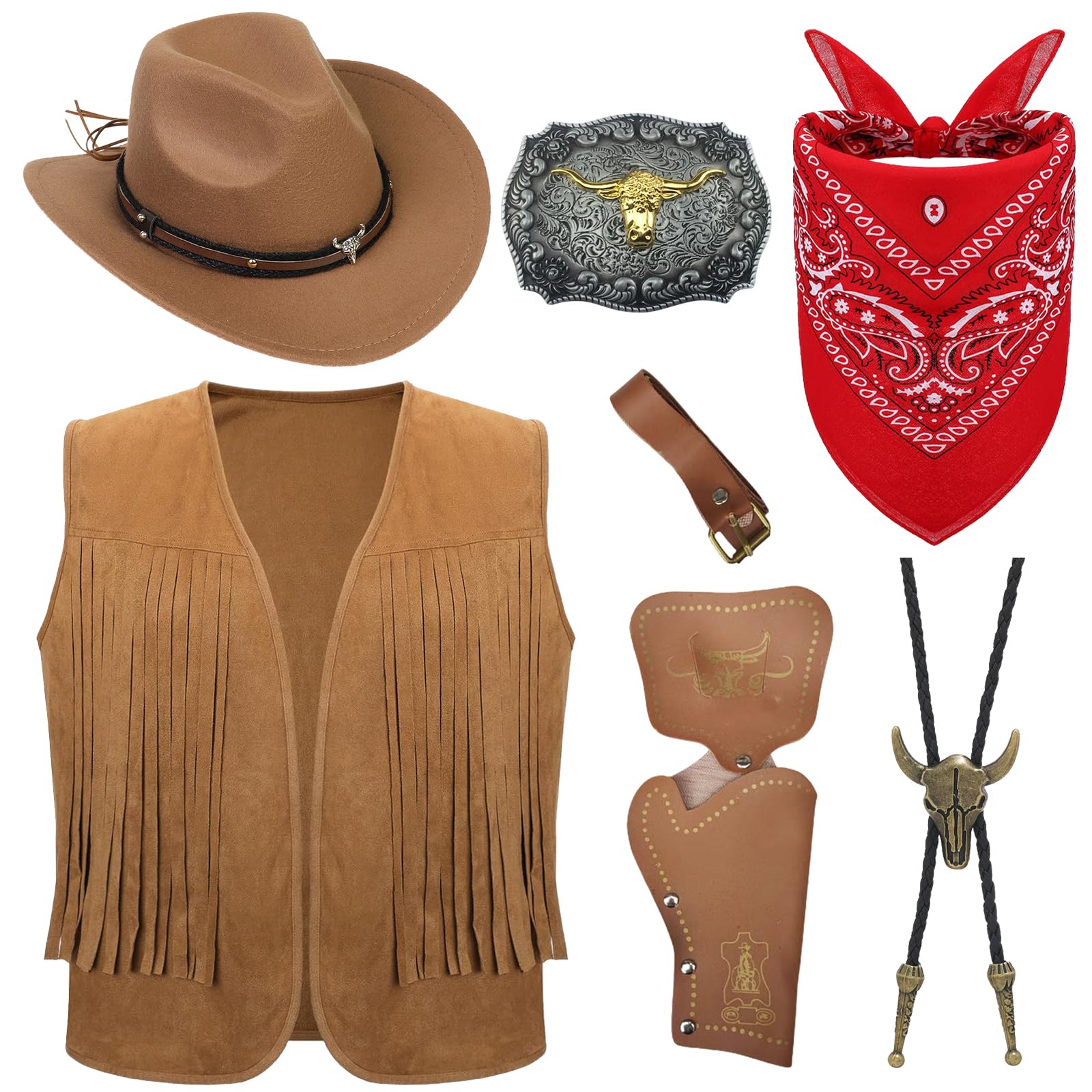 Saier tbo 7Pcs Cowboy Fancy Dress Accessory Set for Men Western Cowboy Costume with Hat Tasseled Vest Paisley Bandanna Western Bolo Buckle Belts Holsters for Halloween Cosplay(2XL)