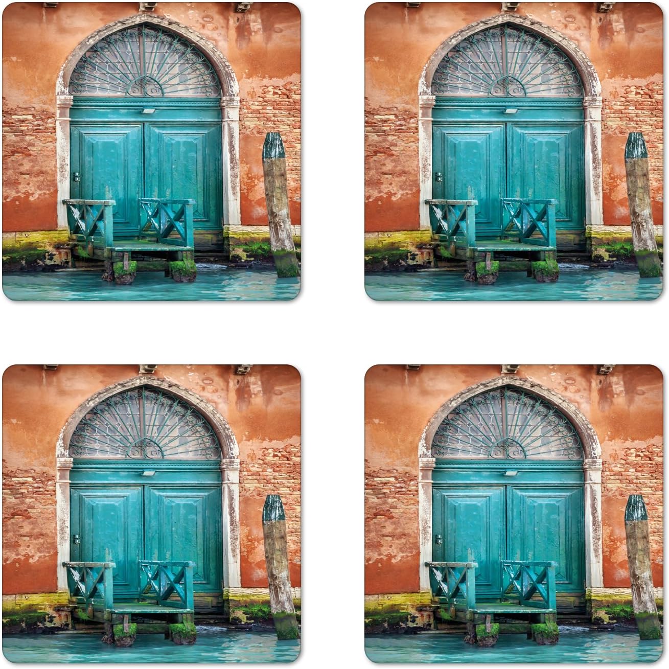 Ambesonne Venice Coaster Set of 4, Building with Antique Door Entrance City on Water Historical Urban, Square Hardboard Gloss Coasters, Standard Size, Sky Blue