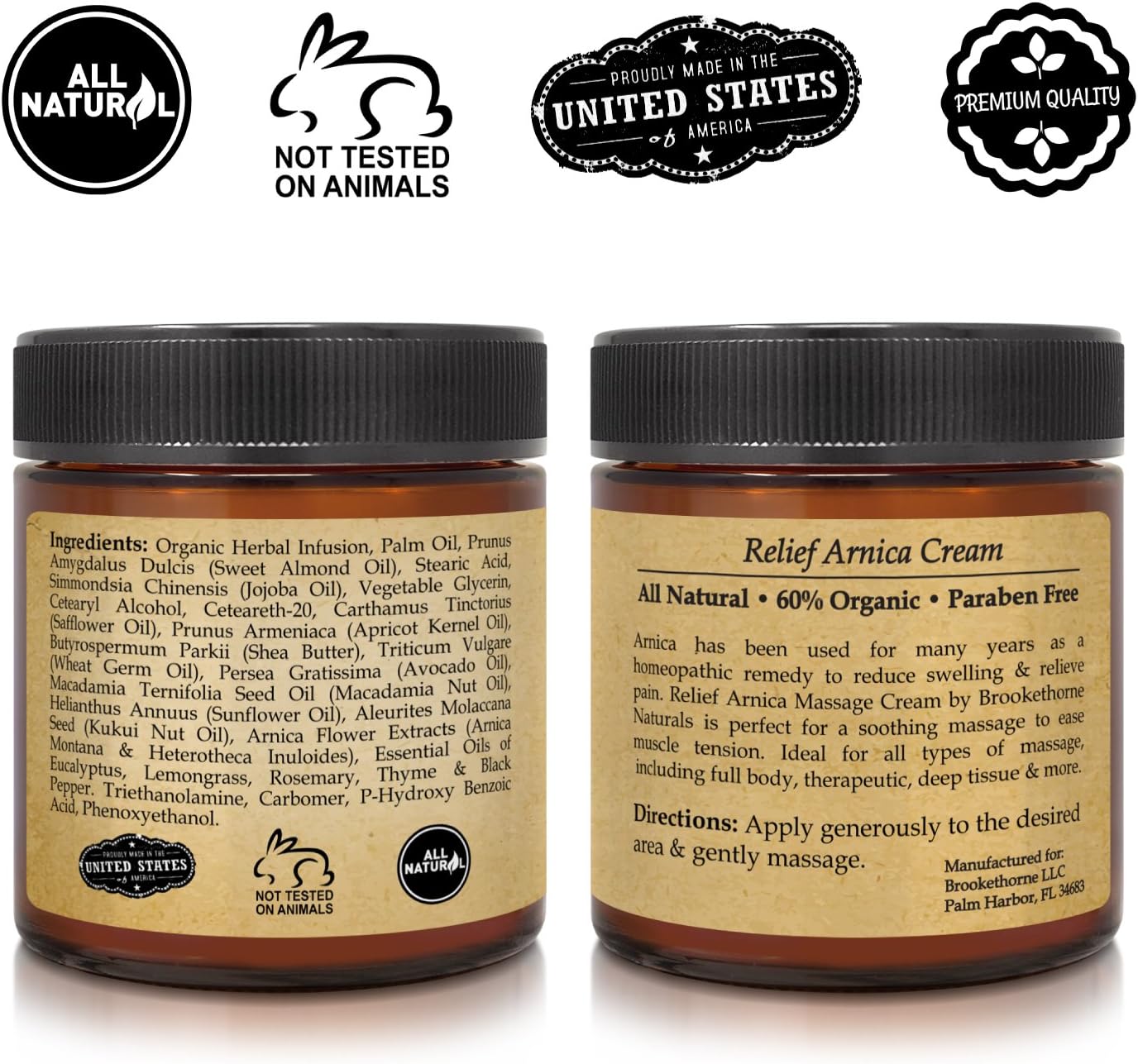 Relief Arnica Cream – Enriched with Lemongrass, Eucalyptus & Rosemary Essential Oils – All Natural Massage Lotion for Sore Muscles & Stiffness. Perfect for Massage Therapy by Brookethorne Naturals: Health & Personal Care