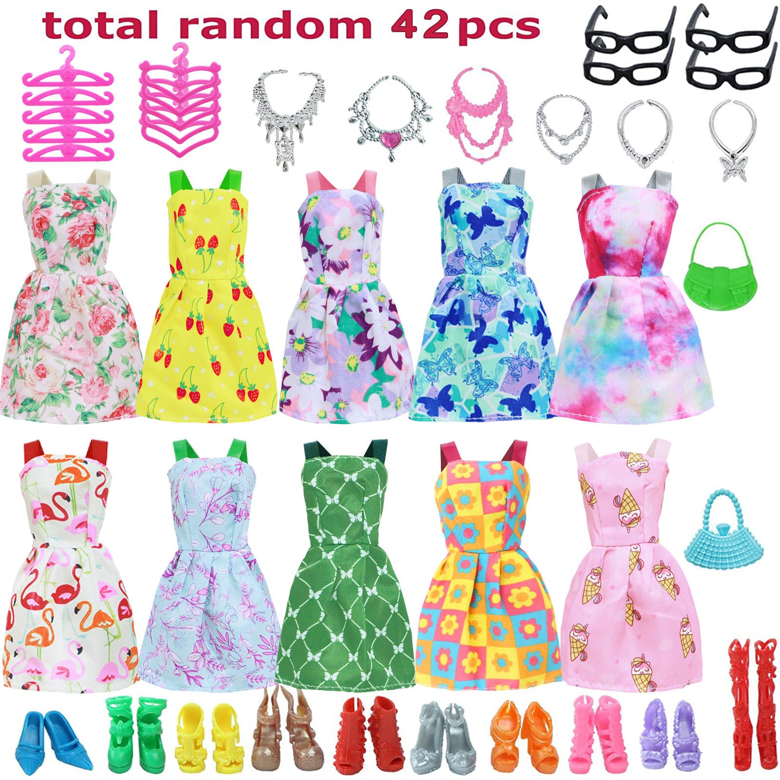 BJDBUS 42 pcs Doll Clothes and Accessories Including 10 pcs Fashion Mini Dresses 32 pcs Shoes, Glasses, Necklaces, Handbag, Hangers Accessories for 11.5 Inch Girl Doll