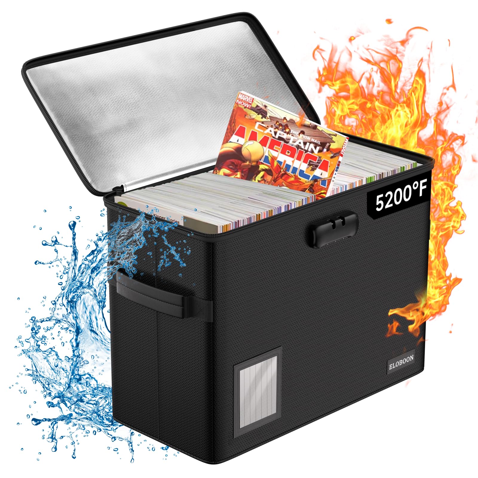 Photo 1 of ELOBOON 5200 Fireproof Book Storage for 150-175 Comics, Water-Resistant & Moistureproof Stackable Box With Label Window and Lock, Sturdy Short Case With Fire Zipper, Black