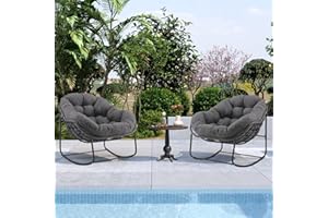 YDcosyfy Oversized Outdoor Papasan Rocking Chair Set of 2 with Soft Cushion, Comfy Patio Egg Chair, Wicker Lounge Rocker for Balcony/Porch/Garden, Reinforced All Weather Rattan Frame, Dark Grey