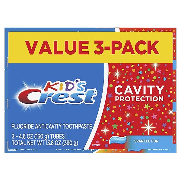 CREST KID’S CAVITY PROTECTION TOOTHPASTE, CREST KIDS TOOTHPASTE, FOR CHILDREN AND TODDLERS 2+, SPARKLE FUN, 4.6 OZ (PACK OF 3), TOOTHPASTE FOR KIDS, PACKAGING MAY VARY