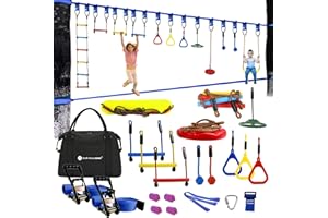 GENTLE BOOMS SPORTS Ninja Warrior Obstacle Course for Kids, 2X65FT Double Ninja Slackline with 13 Obstacles Accessory, Climbing Rope Ladder, Swing Seat, Disc Tree Swing, Gymnastic Ring, Monkey Bar and 1.2M Arm Trainer