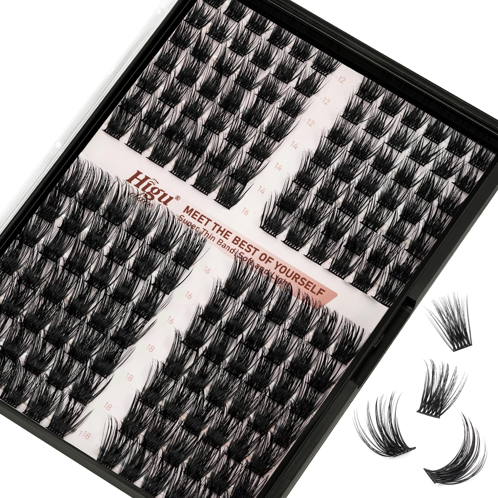 Higu clace Lash Clusters, 168pcs Individual False Eyelashes, Mix12-18mm D Curl Reusable Mega Volume Look Eyelashes, Super Thin Soft Band, Lash Extensions DIY at Home - Bushy D Curl 12-18mm — image 1