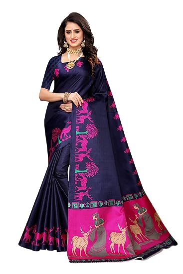 Sarees For Women Navy Blue Color Khadi Silk Printed Saree With Blouse Piece(HIRAN NAVY_Free Size)